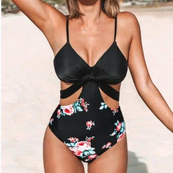 Black And Floral Wrap Cutout One Piece Swimsuit - Picture 1 of 4